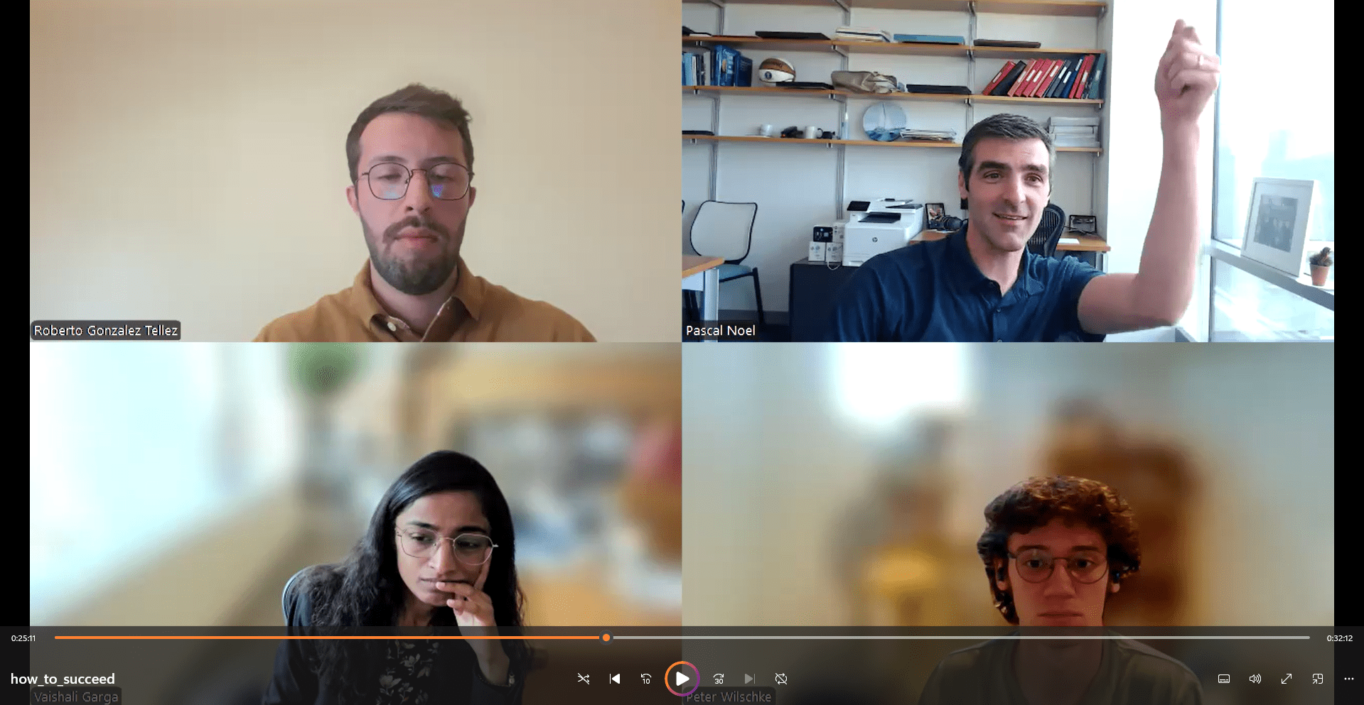 Panelists for the "How to Succeed" PRE Workshop panel.  Panelists, from the upper-left going clockwise around the panel, are: Roberto Gonzalez Tellez, Pascal Noel, Peter Wilshke, Vaishali Garga.