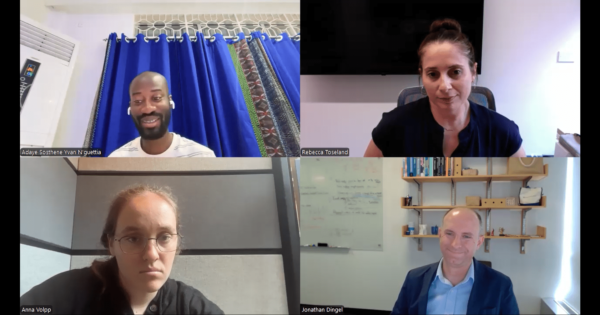 The four "How to Apply" panelists for PRE 2026.  From top-left going clockwise: Yvan N'Guettia, Rebecca Toseland, Jonathan Dingel, Anna Volpp.